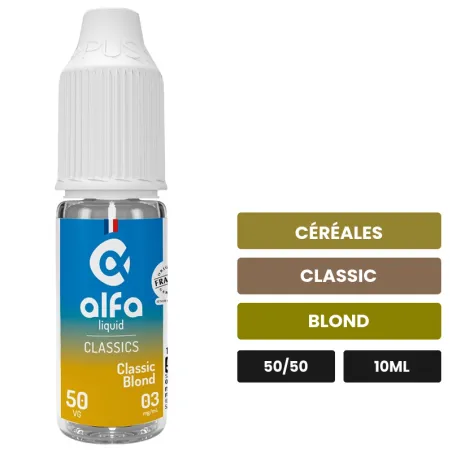 E-liquide Classic Blond 50/50 d'Alfaliquid, 10 ml, saveurs céréales, classic et blond.