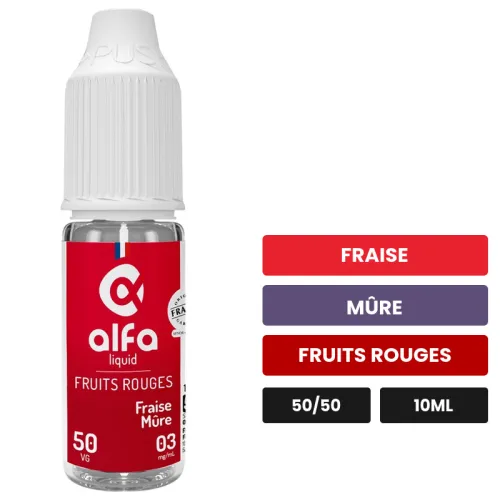 E-liquide Fraise Mûre 50/50 d'Alfaliquid, 10 ml, saveurs fraise, mûre et fruits rouges.