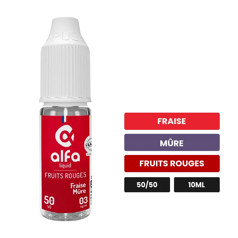 E-liquide Fraise Mûre 50/50 d'Alfaliquid, 10 ml, saveurs fraise, mûre et fruits rouges.