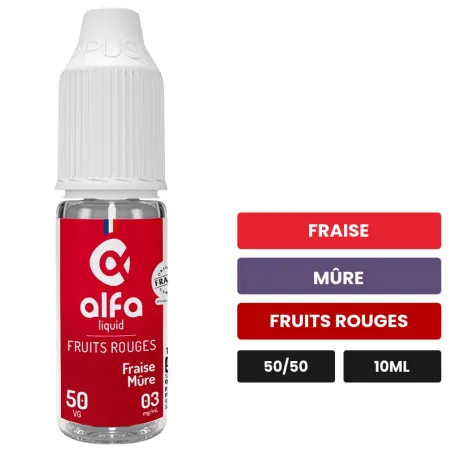 E-liquide Fraise Mûre 50/50 d'Alfaliquid, 10 ml, saveurs fraise, mûre et fruits rouges.