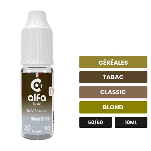 E-liquide Blond Grillé 50/50 d'Alfaliquid, 10 ml, saveurs céréales, tabac, classic et 1 autre.