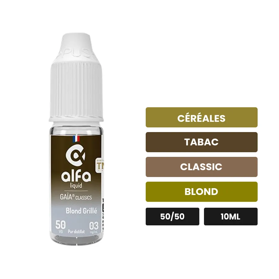 E-liquide Blond Grillé 50/50 d'Alfaliquid, 10 ml, saveurs céréales, tabac, classic et 1 autre.