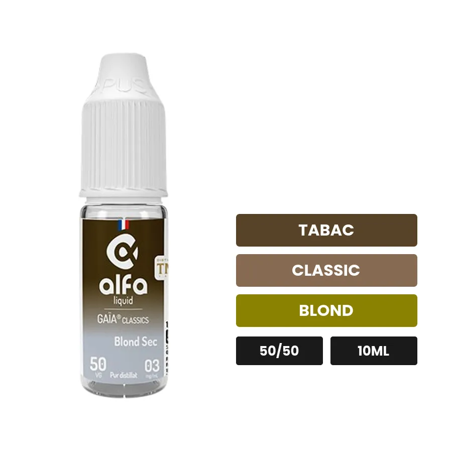 E-liquide Blond Sec 50/50 d'Alfaliquid, 10 ml, saveurs tabac, classic et blond.