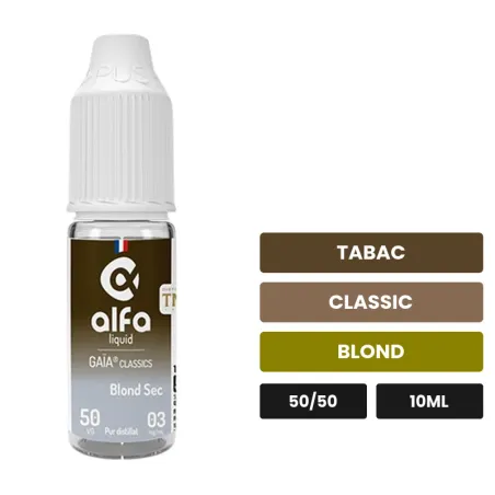 E-liquide Blond Sec 50/50 d'Alfaliquid, 10 ml, saveurs tabac, classic et blond.