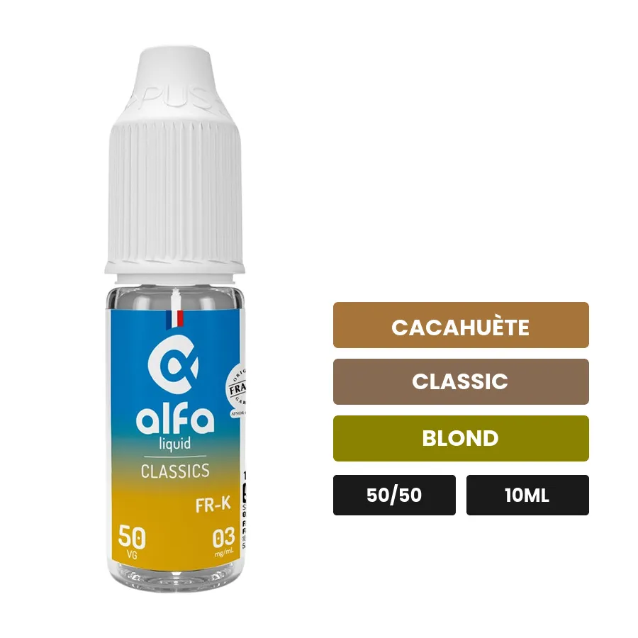 E-liquide Fr-k 50/50 d'Alfaliquid, 10 ml, saveurs cacahuète, classic et blond.