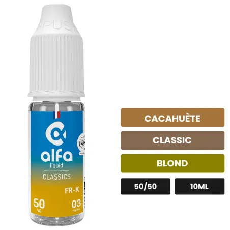 E-liquide Fr-k 50/50 d'Alfaliquid, 10 ml, saveurs cacahuète, classic et blond.