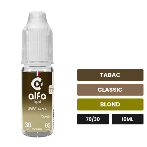 E-liquide Blond Corsé d'Alfaliquid, 10 ml, saveurs tabac, classic et blond.