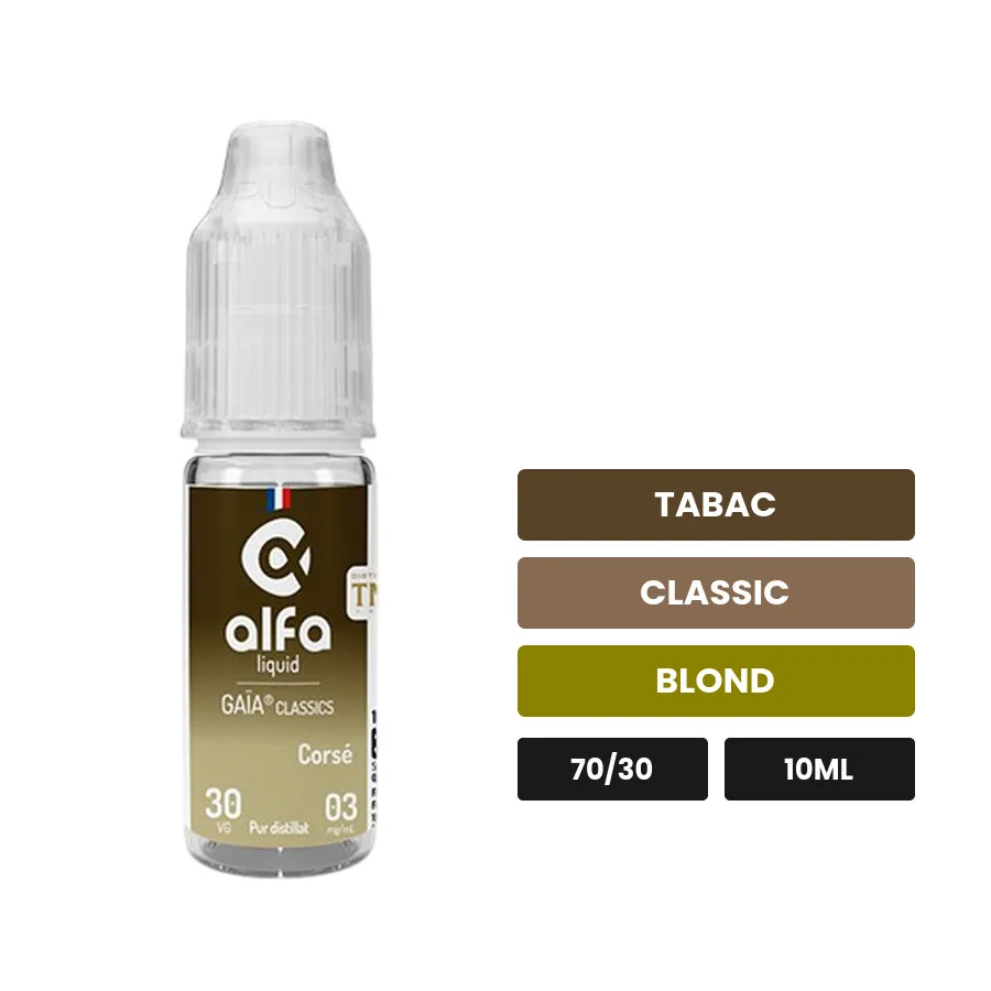 E-liquide Blond Corsé d'Alfaliquid, 10 ml, saveurs tabac, classic et blond.