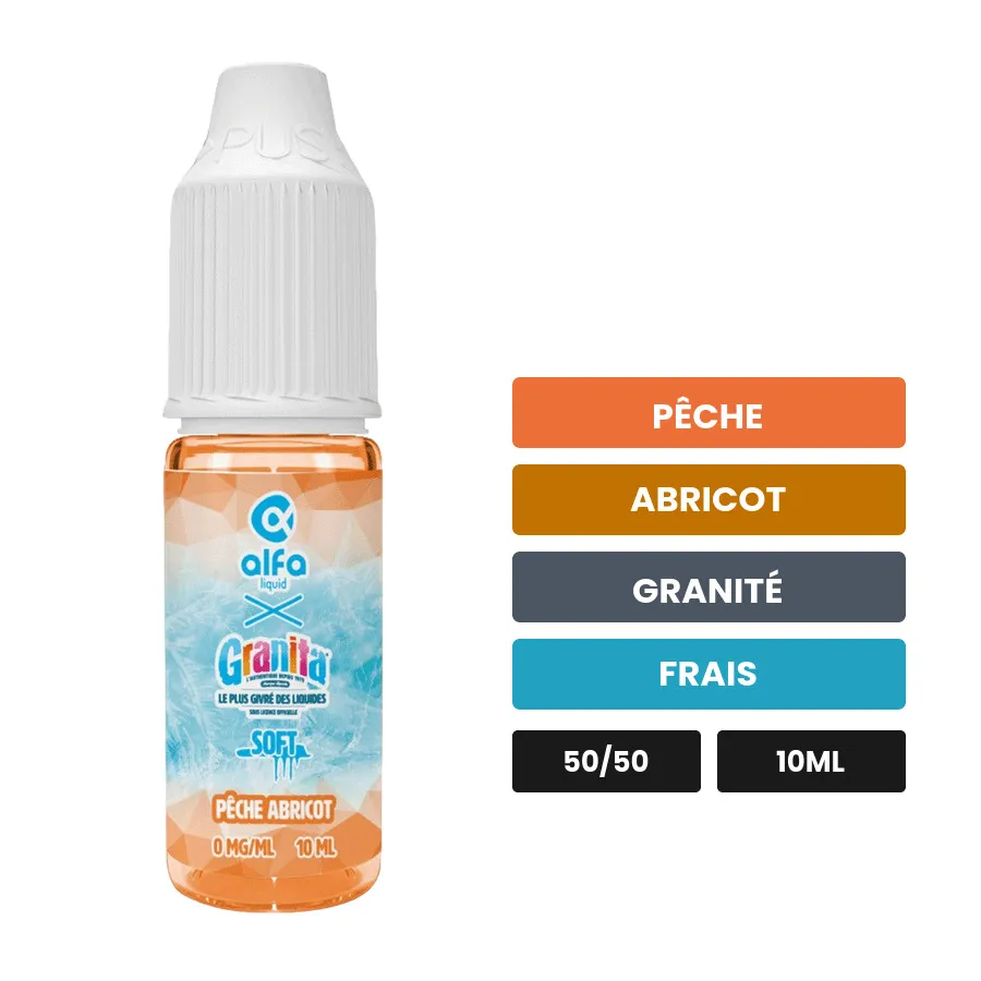 E-liquide Pêche Abricot d'Alfaliquid, 10 ml, saveurs pêche, abricot, granité et 1 autre.
