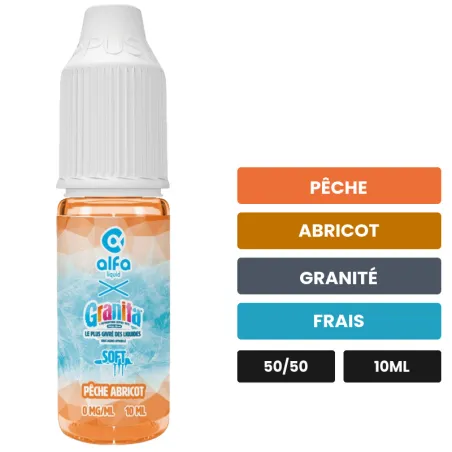 E-liquide Pêche Abricot d'Alfaliquid, 10 ml, saveurs pêche, abricot, granité et 1 autre.