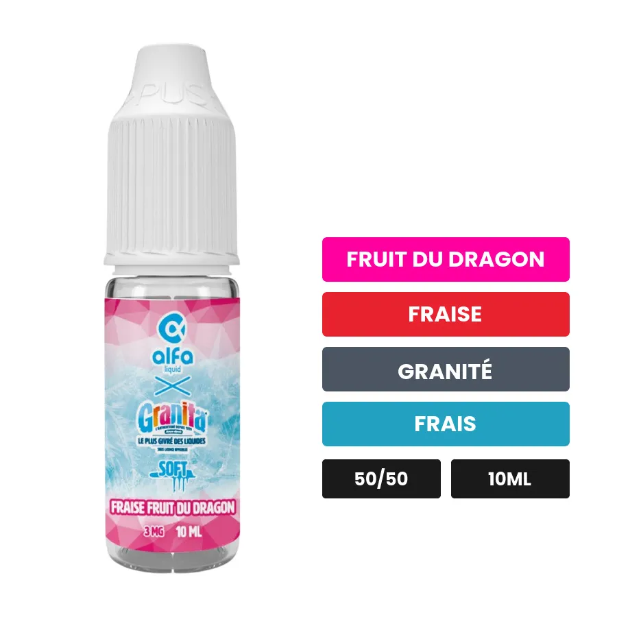 E-liquide Fraise Fruit du Dragon d'Alfaliquid, 10 ml, saveurs fruit du dragon, fraise, granité et 1 autre.