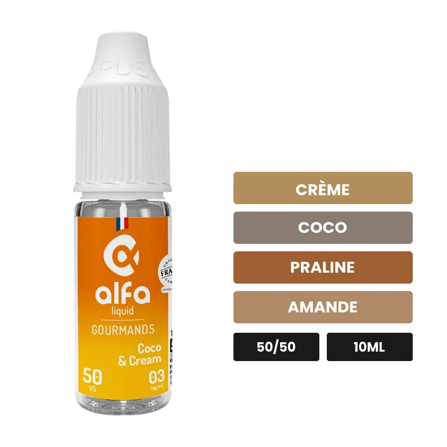 E-liquide Coco & Cream d'Alfaliquid, 10 ml, saveurs crème, coco, praline et 2 autres.