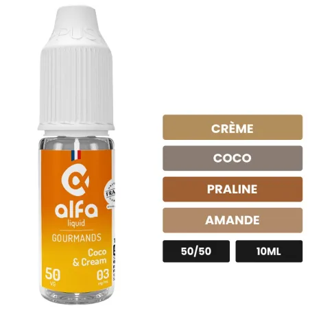 E-liquide Coco & Cream d'Alfaliquid, 10 ml, saveurs crème, coco, praline et 2 autres.