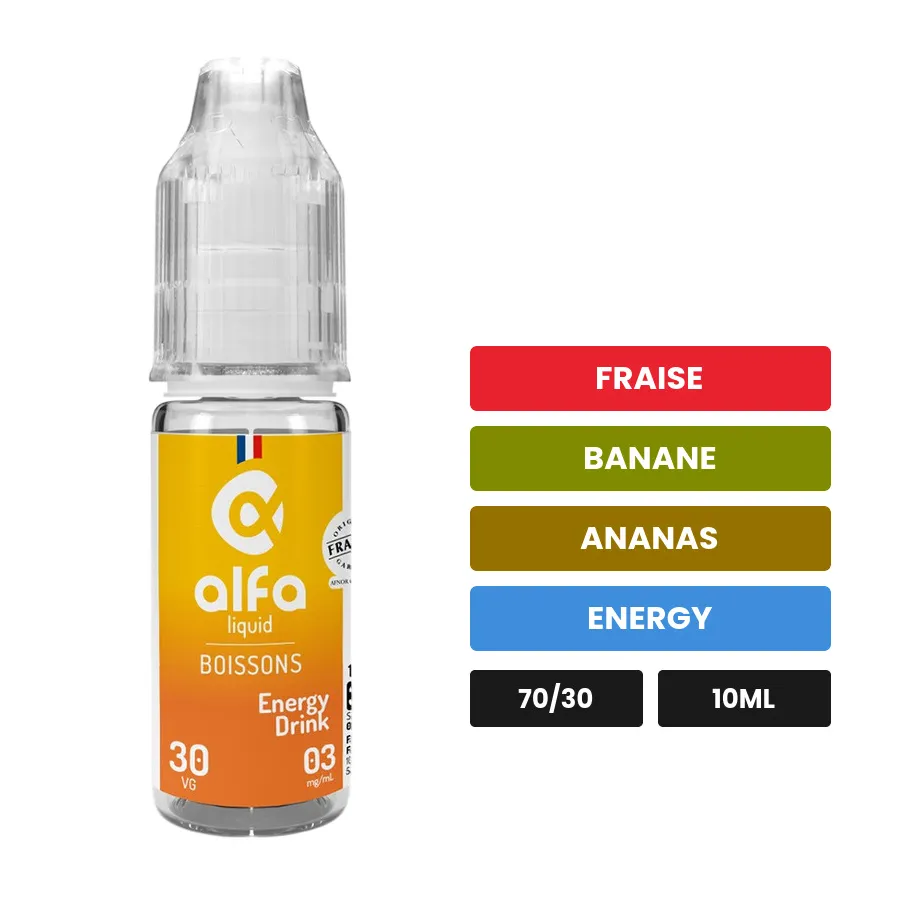E-liquide Energy Drink d'Alfaliquid, 10 ml, saveurs fraise, banane, ananas et 1 autre.