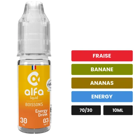 E-liquide Energy Drink d'Alfaliquid, 10 ml, saveurs fraise, banane, ananas et 1 autre.