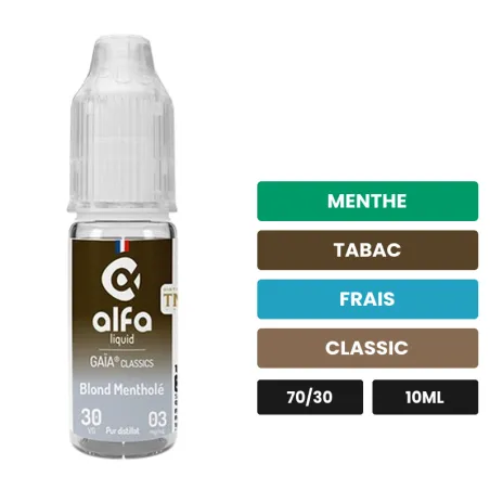 E-liquide Blond Mentholé d'Alfaliquid, 10 ml, saveurs menthe, tabac, frais et 2 autres.