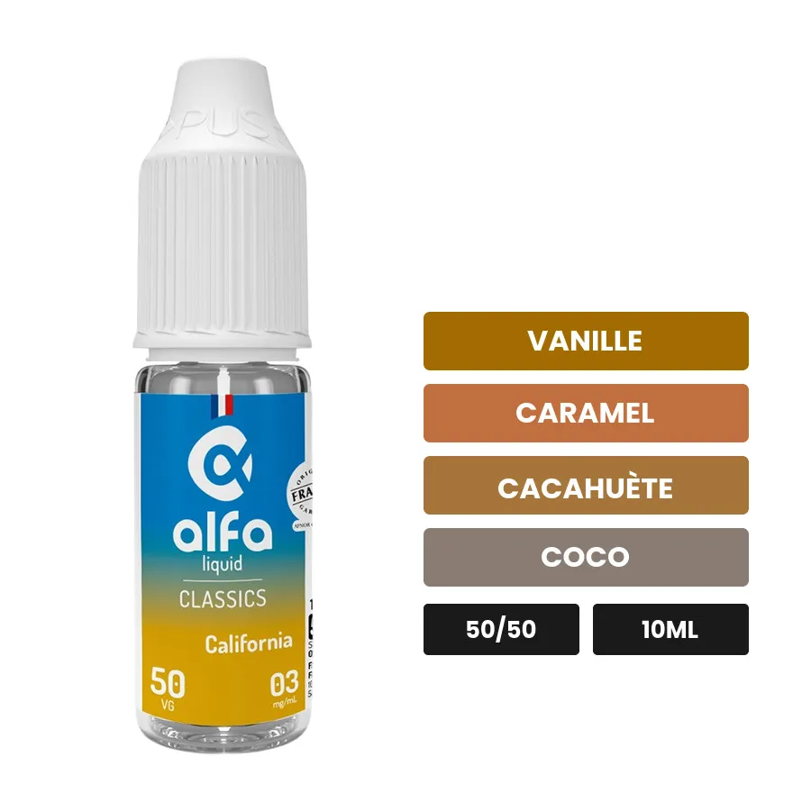 E-liquide California 50/50 d'Alfaliquid, 10 ml, saveurs vanille, caramel, cacahuète et 3 autres.