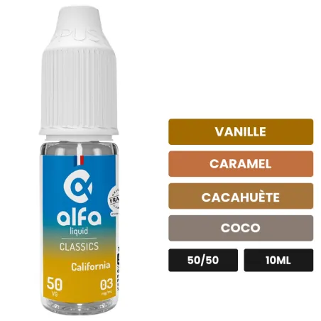 E-liquide California 50/50 d'Alfaliquid, 10 ml, saveurs vanille, caramel, cacahuète et 3 autres.