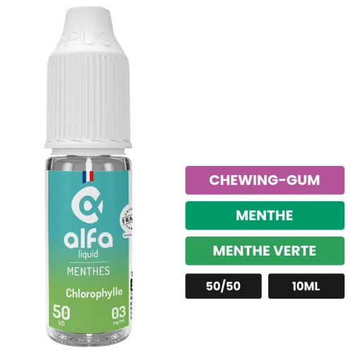 E-liquide Chlorophylle 50/50 d'Alfaliquid, 10 ml, saveurs chewing-gum, menthe et menthe verte.