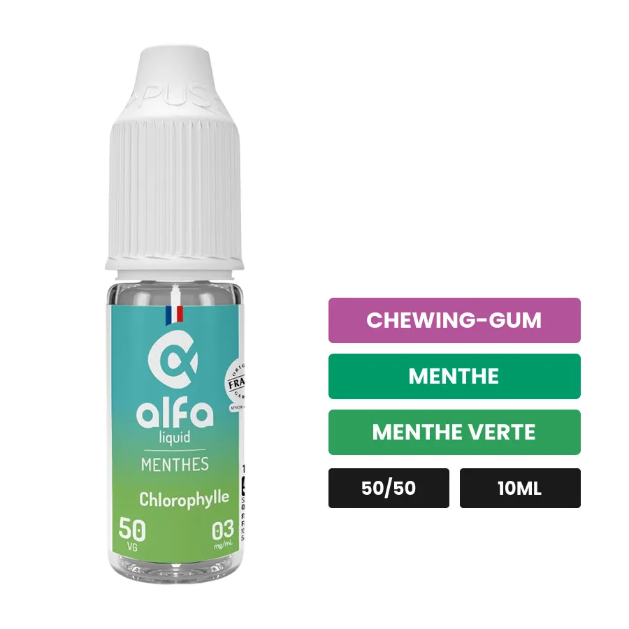 E-liquide Chlorophylle 50/50 d'Alfaliquid, 10 ml, saveurs chewing-gum, menthe et menthe verte.