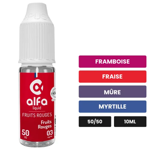 E-liquide Fruits Rouges 50/50 d'Alfaliquid, 10 ml, saveurs framboise, fraise, mûre et 2 autres.