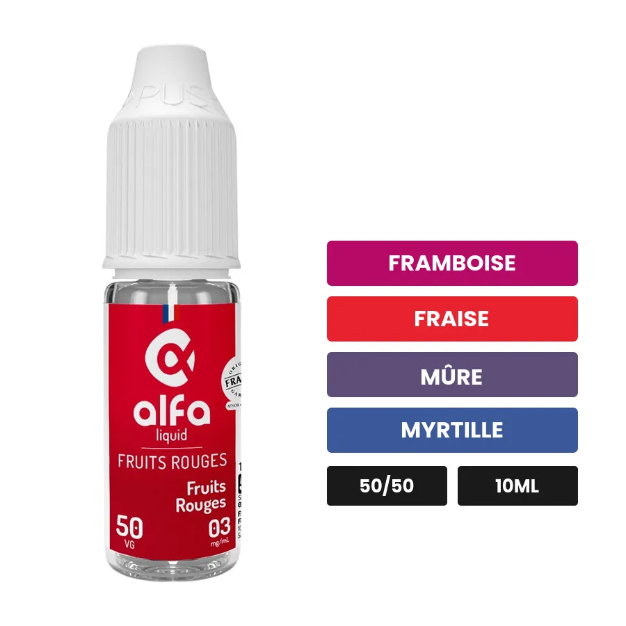 E-liquide Fruits Rouges 50/50 d'Alfaliquid, 10 ml, saveurs framboise, fraise, mûre et 2 autres.