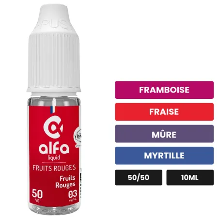 E-liquide Fruits Rouges 50/50 d'Alfaliquid, 10 ml, saveurs framboise, fraise, mûre et 2 autres.