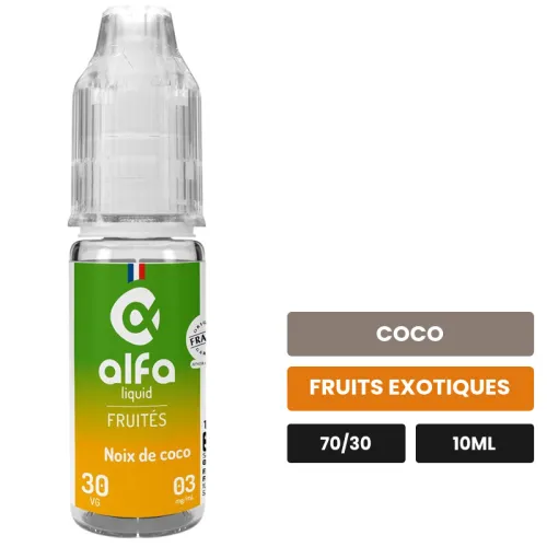E-liquide Noix de Coco d'Alfaliquid, 10 ml, saveurs coco et fruits exotiques.