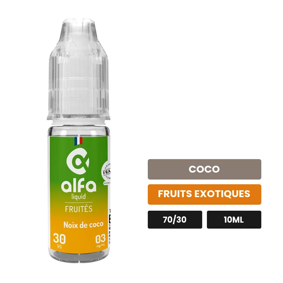 E-liquide Noix de Coco d'Alfaliquid, 10 ml, saveurs coco et fruits exotiques.