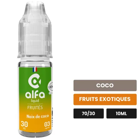E-liquide Noix de Coco d'Alfaliquid, 10 ml, saveurs coco et fruits exotiques.