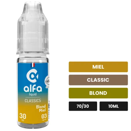E-liquide Blond Miel d'Alfaliquid, 10 ml, saveurs miel, classic et blond.