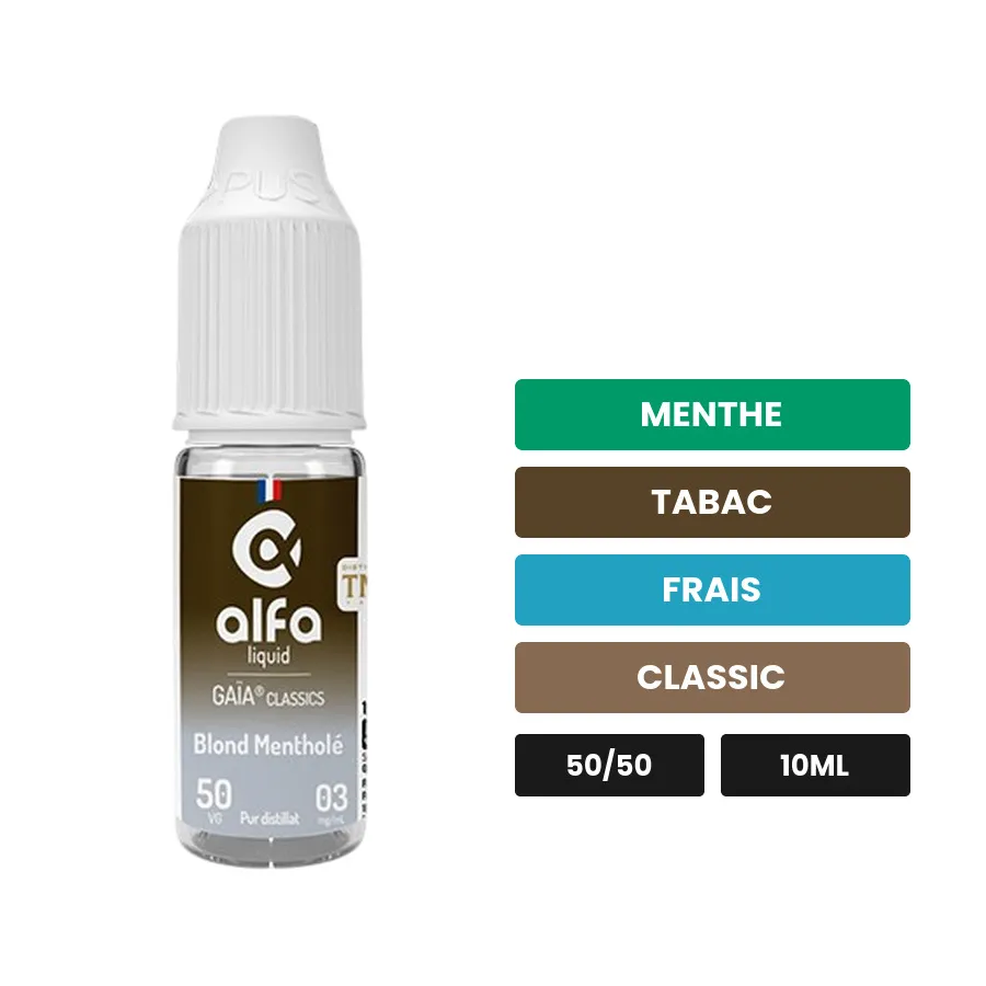 E-liquide Blond Mentholé 50/50 d'Alfaliquid, 10 ml, saveurs menthe, tabac, frais et 2 autres.