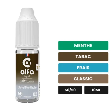 E-liquide Blond Mentholé 50/50 d'Alfaliquid, 10 ml, saveurs menthe, tabac, frais et 2 autres.