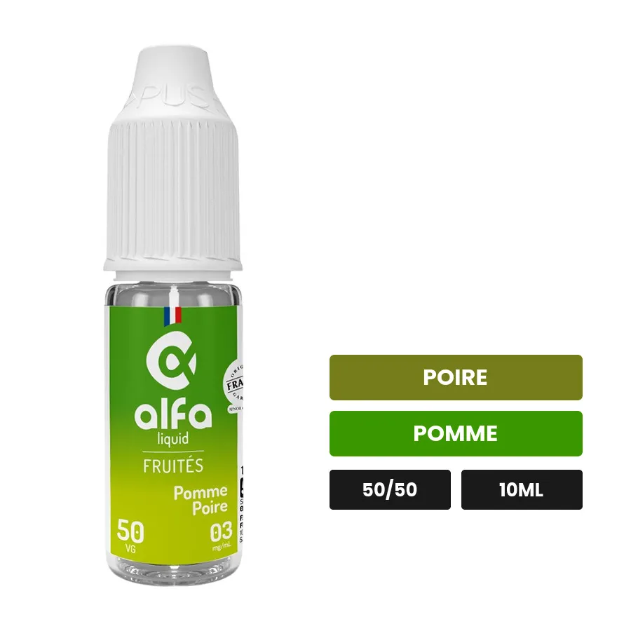 E-liquide Pomme Poire d'Alfaliquid, 10 ml, saveurs poire et pomme.