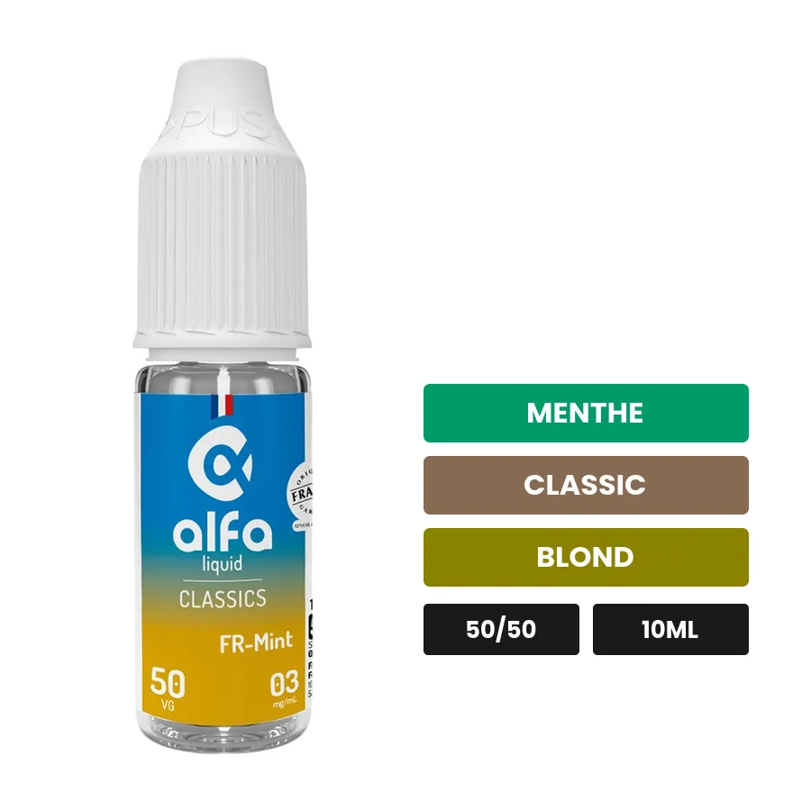 E-liquide FR-Mint 50/50 d'Alfaliquid, 10 ml, saveurs menthe, classic et blond.