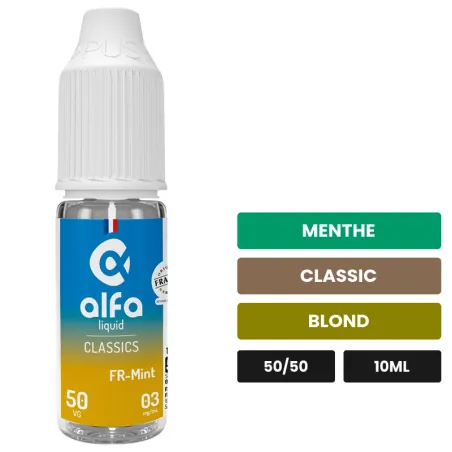 E-liquide FR-Mint 50/50 d'Alfaliquid, 10 ml, saveurs menthe, classic et blond.
