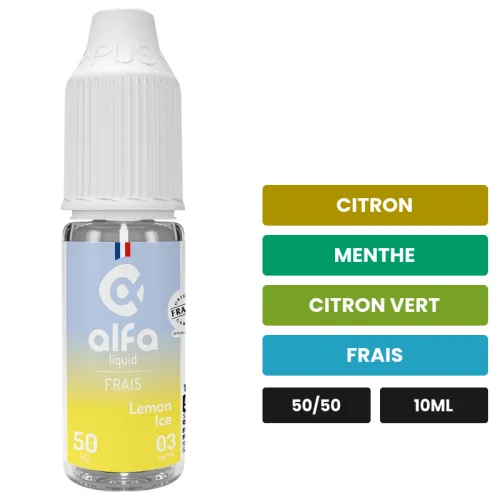 E-liquide Lemon Ice d'Alfaliquid, 10 ml, saveurs citron, menthe, citron vert et 1 autre.
