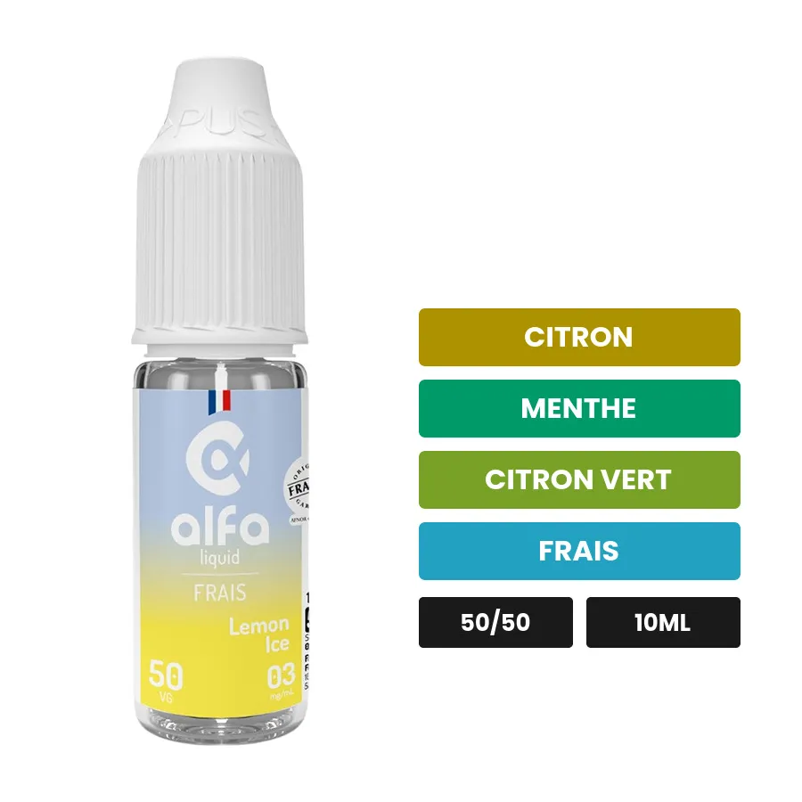 E-liquide Lemon Ice d'Alfaliquid, 10 ml, saveurs citron, menthe, citron vert et 1 autre.