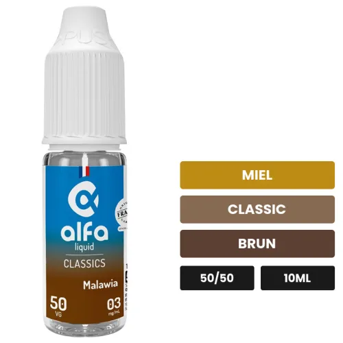 E-liquide Malawia 50/50 d'Alfaliquid, 10 ml, saveurs miel, classic et brun.