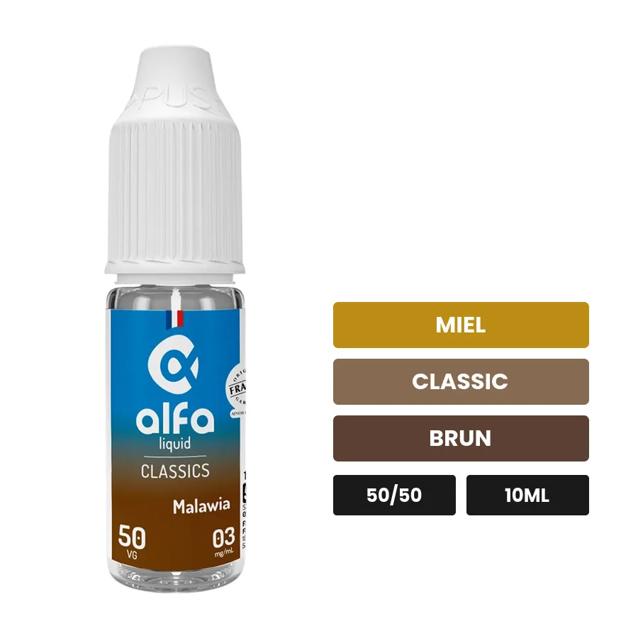 E-liquide Malawia 50/50 d'Alfaliquid, 10 ml, saveurs miel, classic et brun.