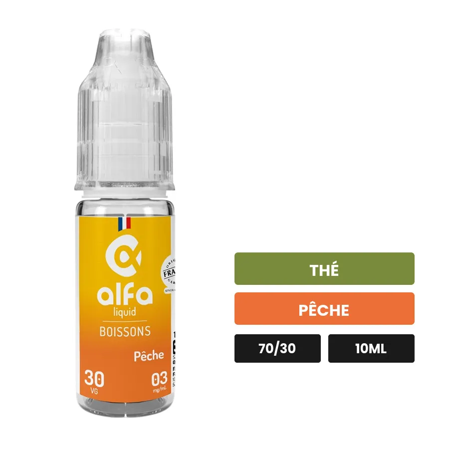 E-liquide Pêche d'Alfaliquid, 10 ml, saveurs thé et pêche.