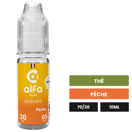 E-liquide Pêche d'Alfaliquid, 10 ml, saveurs thé et pêche.