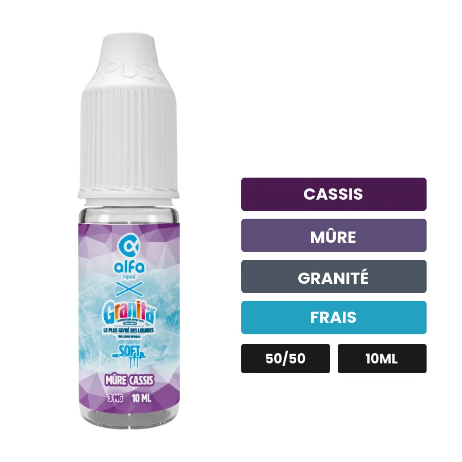 E-liquide Mûre Cassis d'Alfaliquid, 10 ml, saveurs cassis, mûre, granité et 1 autre.