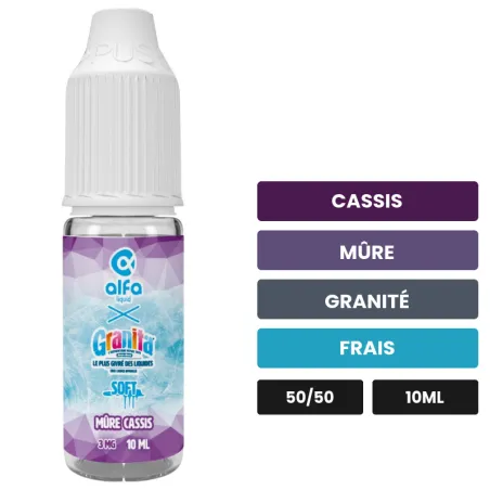 E-liquide Mûre Cassis d'Alfaliquid, 10 ml, saveurs cassis, mûre, granité et 1 autre.
