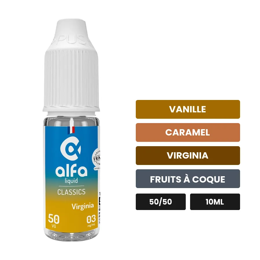 E-liquide Virginia 50/50 d'Alfaliquid, 10 ml, saveurs vanille, caramel, virginia et 3 autres.