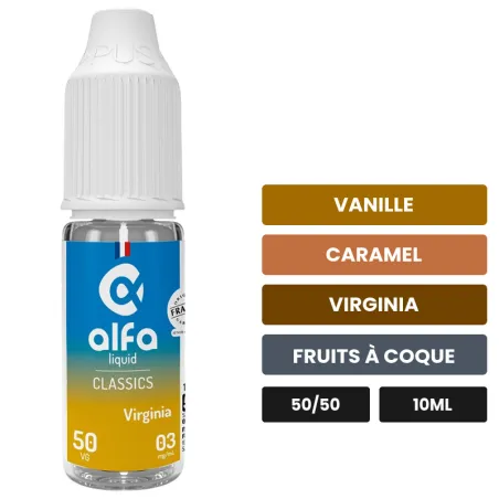E-liquide Virginia 50/50 d'Alfaliquid, 10 ml, saveurs vanille, caramel, virginia et 3 autres.