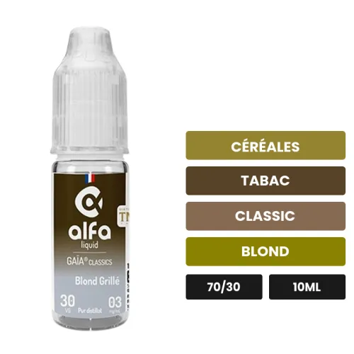 E-liquide Blond Grillé d'Alfaliquid, 10 ml, saveurs céréales, tabac, classic et 1 autre.