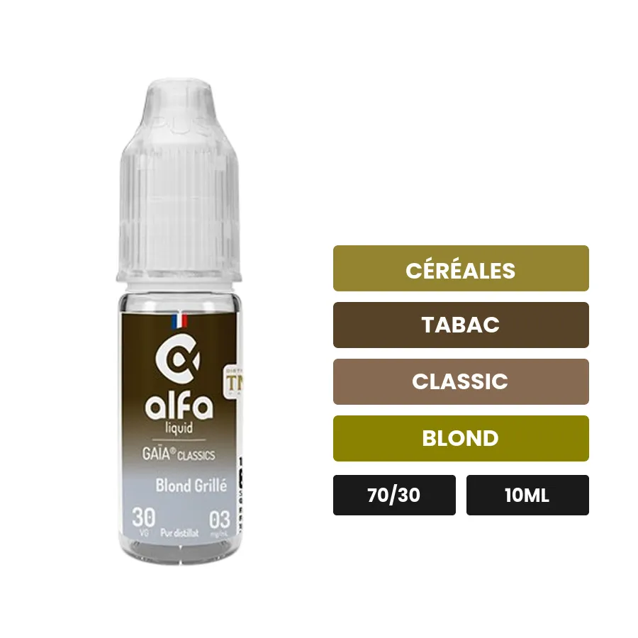 E-liquide Blond Grillé d'Alfaliquid, 10 ml, saveurs céréales, tabac, classic et 1 autre.