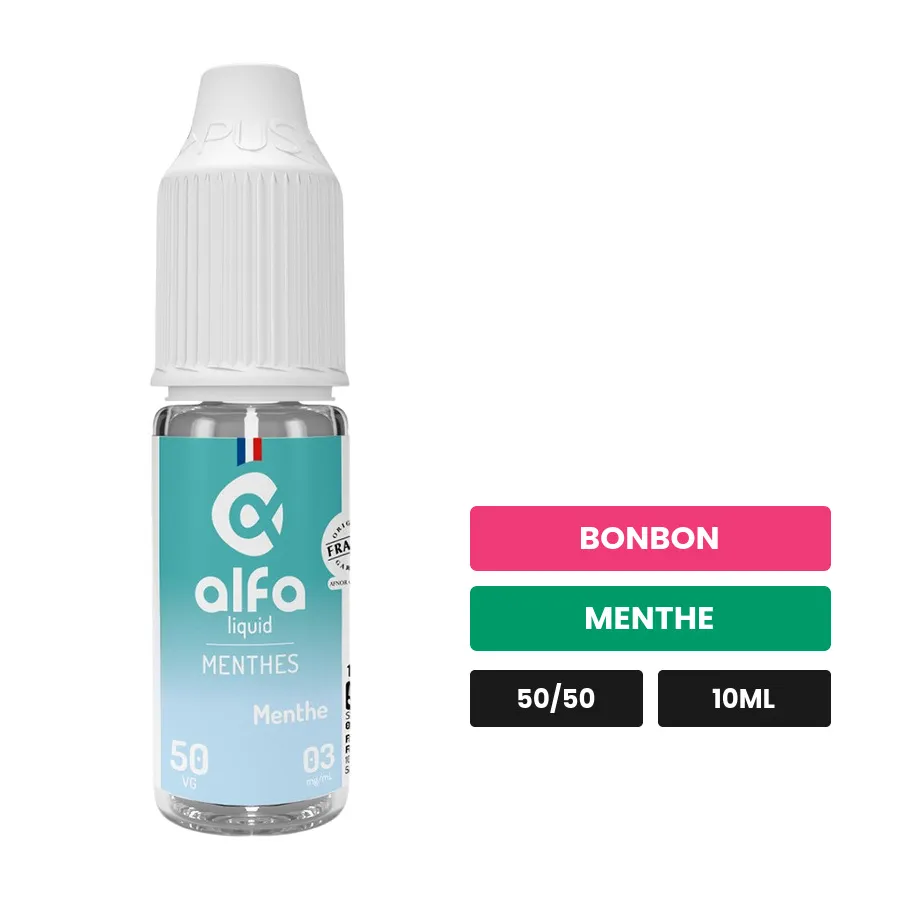 E-liquide Menthe 50/50 d'Alfaliquid, 10 ml, saveurs bonbon et menthe.