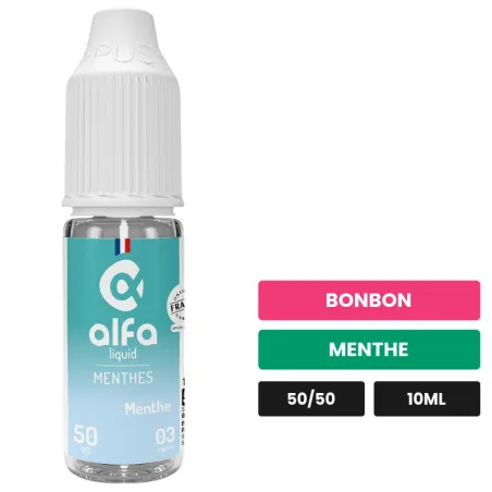 E-liquide Menthe 50/50 d'Alfaliquid, 10 ml, saveurs bonbon et menthe.
